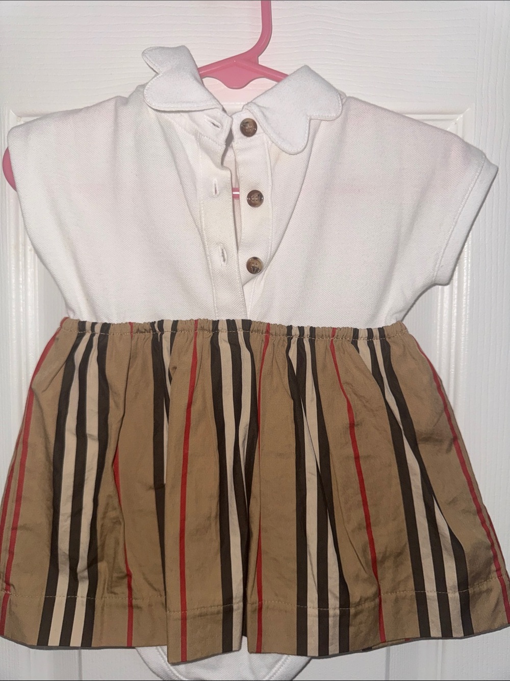 Girls White Polo Dress with Tan Striped Skirt